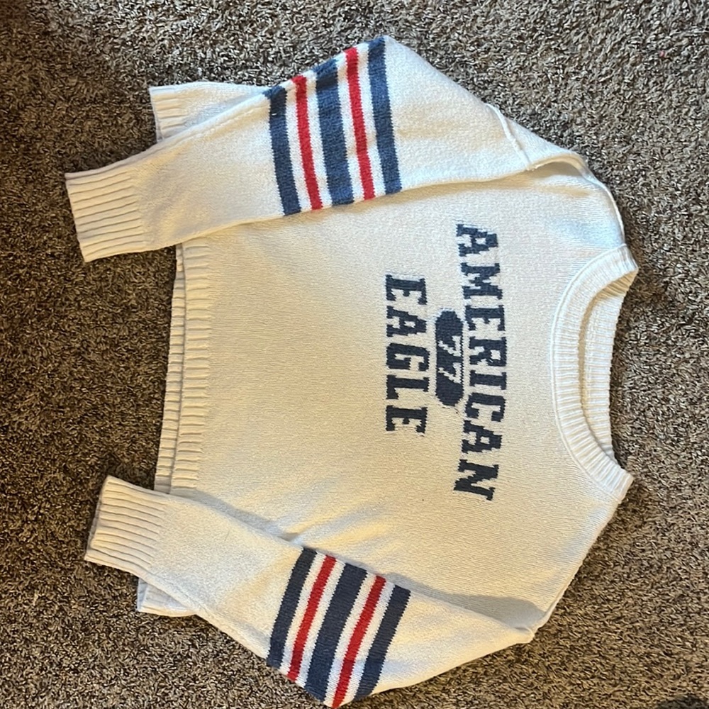 This is an American Eagle sweater, size M, colors are blue, white, and red.